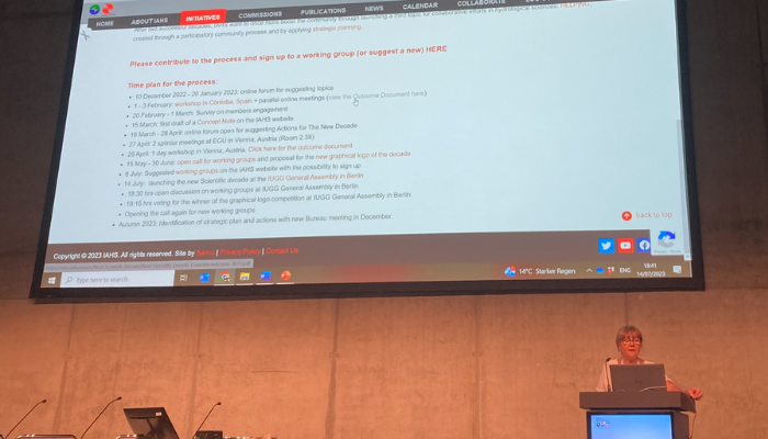 Prof. Berit Arheimer, president of IAHS, outlines the process of the working groups at the IUGG in Berlin. 