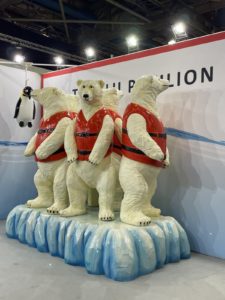 Polar bears wearing lifejackets