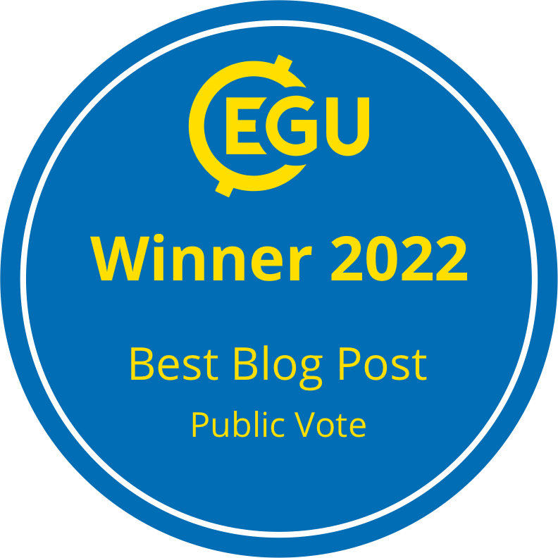 Blue circle with EGU logo and text "winner 2022 best blog post public vote" in yellow font.