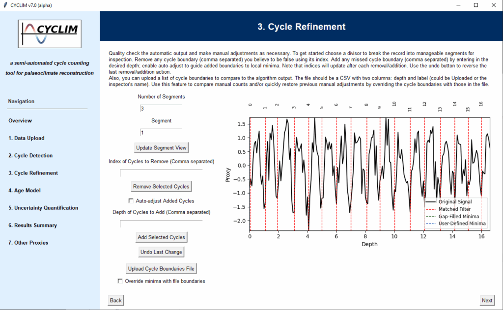 Figure 2: Example frame of the CYCLIM interface. This is the step where the user can inspect and refine the automatic boundaries manually.