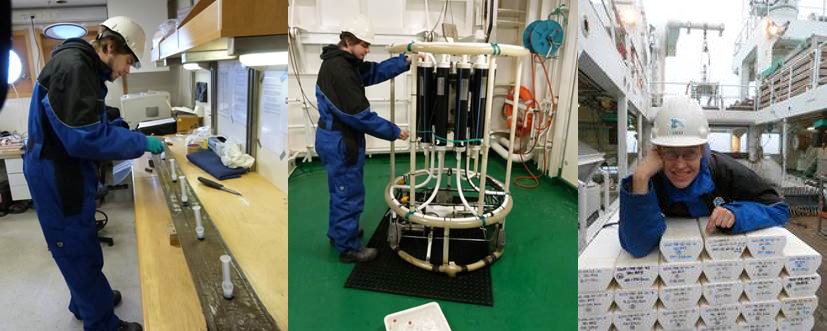 Henrik is taking DNA samples of a gravity core (left) and water samples from the CTD (middle). Photo credit: Iben Koldtoft. I am happy after having packed one of the last sediment sections, which is now ready to be sent to Bergen and further analyzed (right). Photo credit: Kerstin Perner
