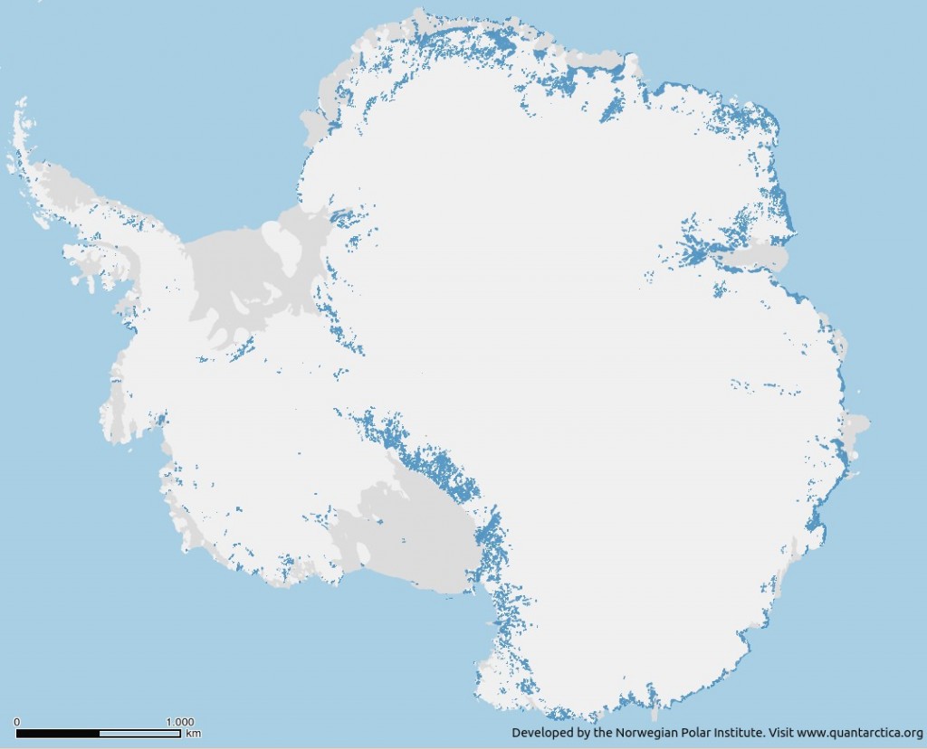Map of Antarctica showing the ice sheet (grey), ice shelves (dark grey) and known blue ice areas in blue. Credit: Quantarctica, Norwegian Polar Institute. 