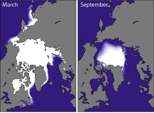 Figure 2: Arctic sea-ice concentration climatology from 1981-2010, at the approximate seasonal maximum (late winter) and minimum (late summer) levels based on passive microwave satellite data. (Credit : National Snow & Ice Data Center )