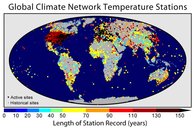 Figure 2: Map of the land-based long-term monitoring stations included in the Global Historical Climatology Network. Colours indicate the length of the temperature record available at each site. [ Credit : created by Robert A. Rohde from published data and is incorporated into the Global Warming Art project ]