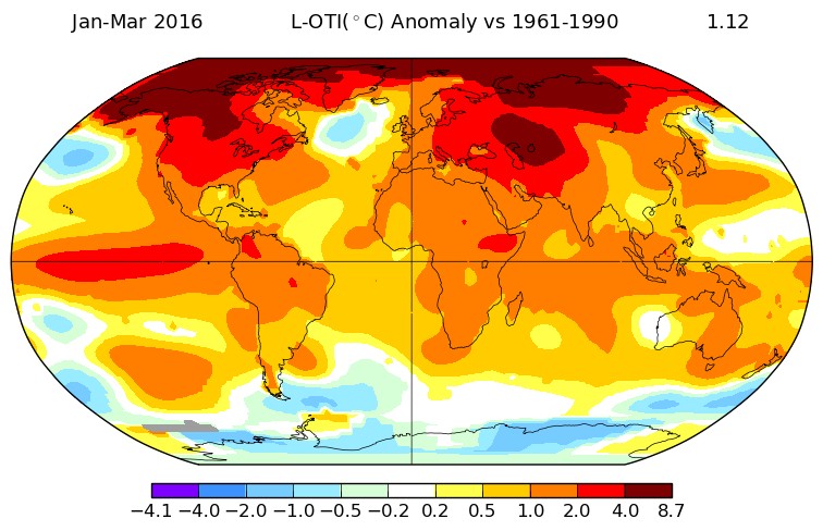 Figure 2: Observation based global surface temperature anomalies for Jan-Mar (2016) in °C with respect to a 1961-1990 base year. Credit: GISTEMP Team, 2016: GISS Surface Temperature Analysis (GISTEMP). NASA Goddard Institute for Space Studies. Dataset accessed 2016-10-15 at http://data.giss.nasa.gov/gistemp/ [Hansen et al., 2010].