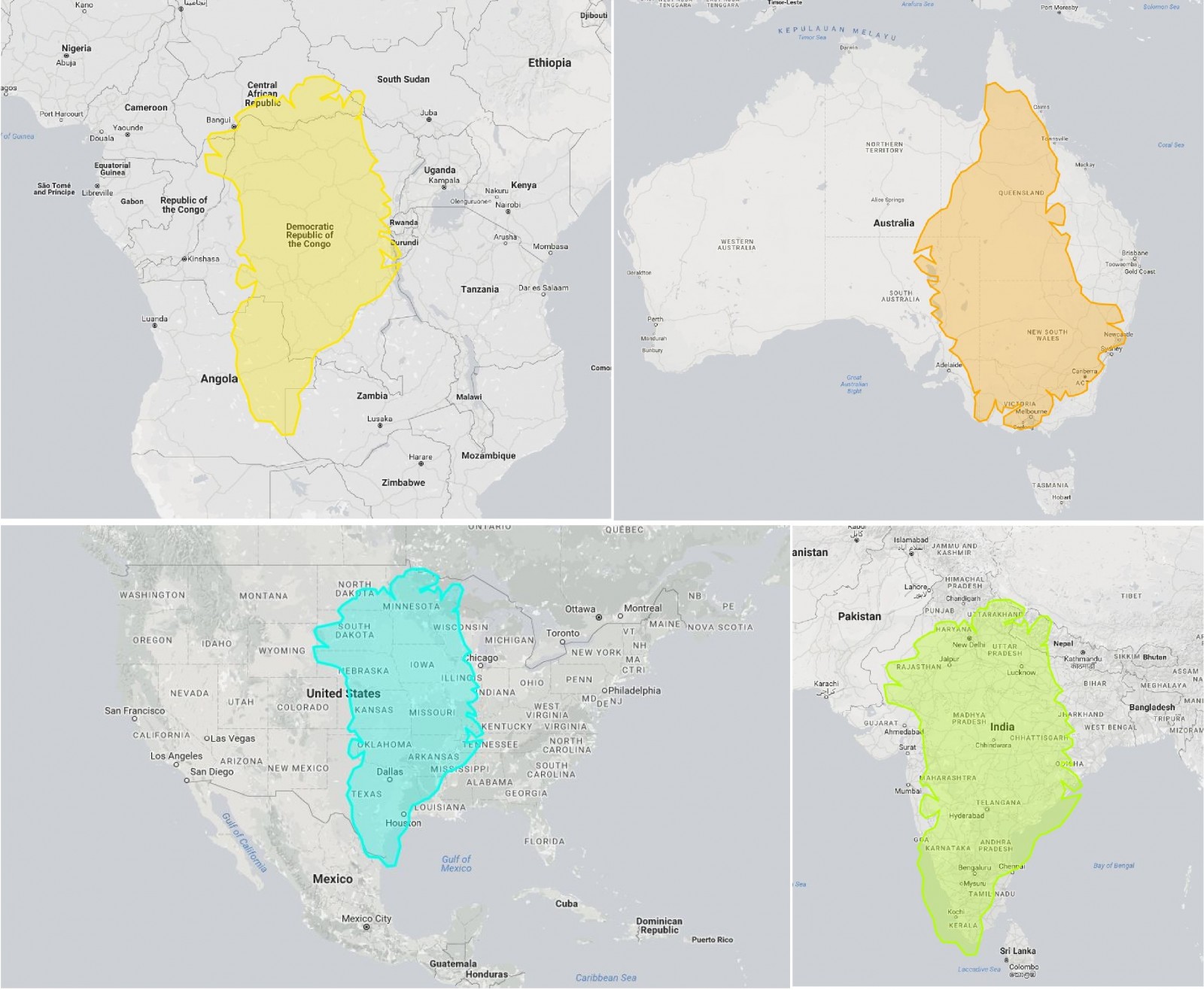 World Mercator map projection with true country size and shape