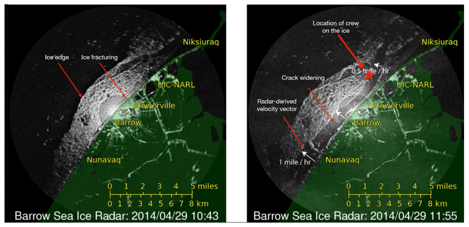 Two radar images depicting the sea ice before and after the breakoff event and a star indicating the location of people who broke off with the ice sheet
