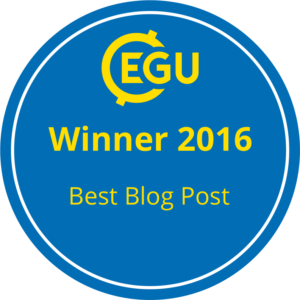 Blue circle with yellow EGU logo and yellow text saying winner 2016, best blog post.