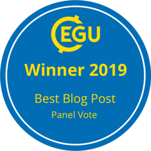 Blue circle with yellow EGU logo and yellow text saying winner 2019, best blog post, panel vote.
