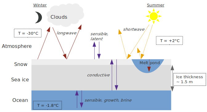 A scheme that shows a sun for summer and a cloud for winter and their thermal impacts in the snow, sea ice and ocean below.