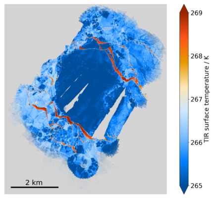 A map that shows the Thermal infrared tsurface temperature of the ice floe of the MOSAiC expedition in blue where its cold and red where it is warmer (leads).