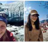 A women on the left in front of a glacier face and a women on the right on front of a city landscape.