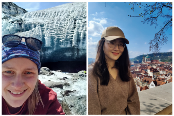 A women on the left in front of a glacier face and a women on the right on front of a city landscape.