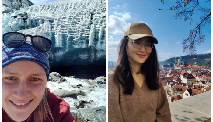 A women on the left in front of a glacier face and a women on the right on front of a city landscape.