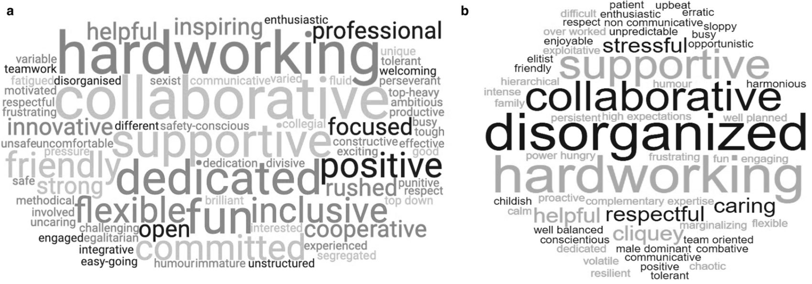 two word clouds, the first one with collaborative hardworking supportive as biggest entities and the second one with disorganised hardowkring and collaborative.