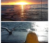 A photo of a sunset over Arctic sea ice and a photo of yellow safety rubber shoes facing that sea.