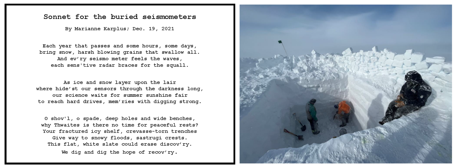 A poem on the right and a photo of scientists digging deep into the snow on the left.