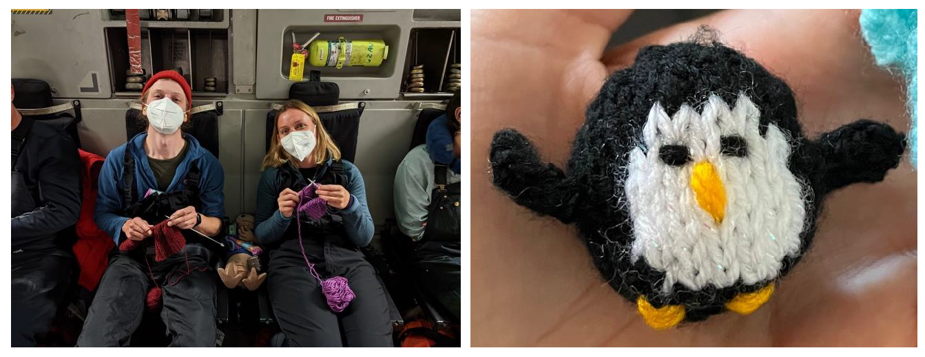 Left photo two people knitting, right photo: a tiny knitted penguin