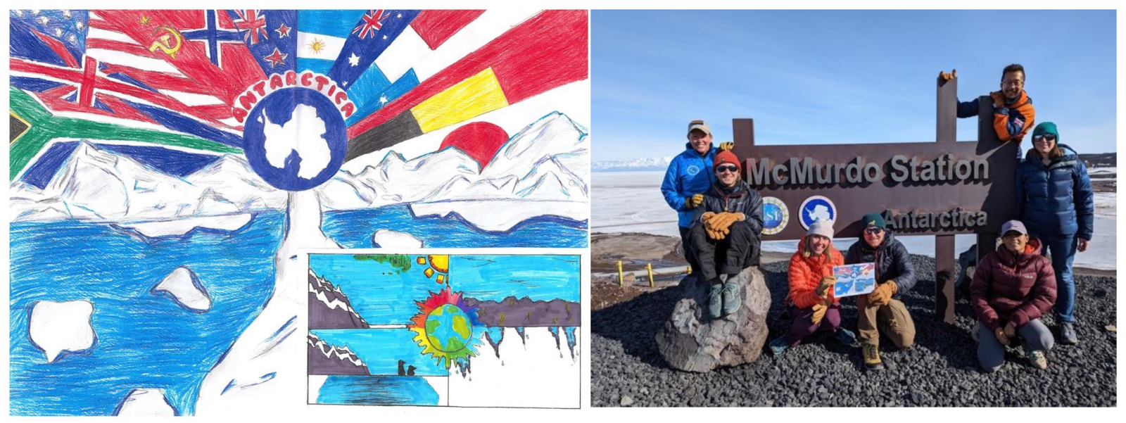 Right a painting of Antarctica and many different flags, right: Scientists at the McMurdo Station sign post.