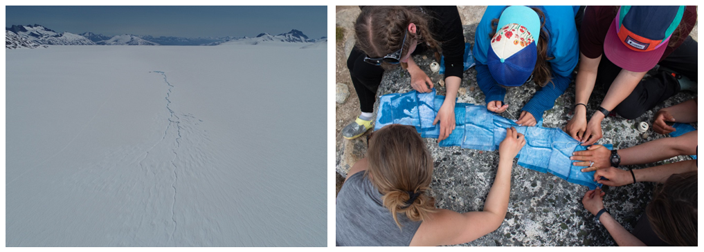 Left: a photo of Taku Glacier and on the right a photo of a group of students printing the glacier's structure on fabric. 