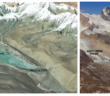 Two photos of a glacial lake, on the left in 2022 and on the right in 2013, visually smaller.
