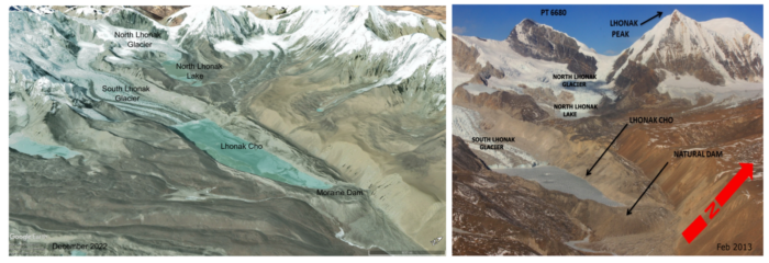 Two photos of a glacial lake, on the left in 2022 and on the right in 2013, visually smaller.