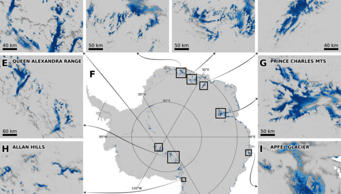 A figure with a map of Antarctica in the middle, and 8 zoomed in sections of it showing blue ice areas.