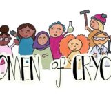 a drawing of women doing different scientific activities, with the words 'women of cryo' written