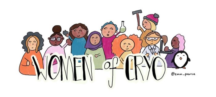 a drawing of women doing different scientific activities, with the words 'women of cryo' written