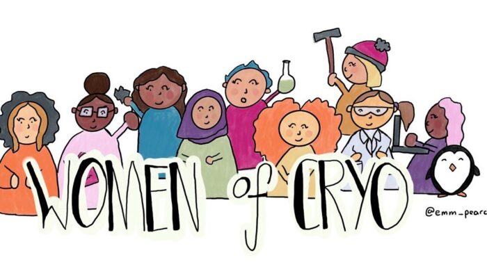 a drawing of women doing different scientific activities, with the words 'women of cryo' written