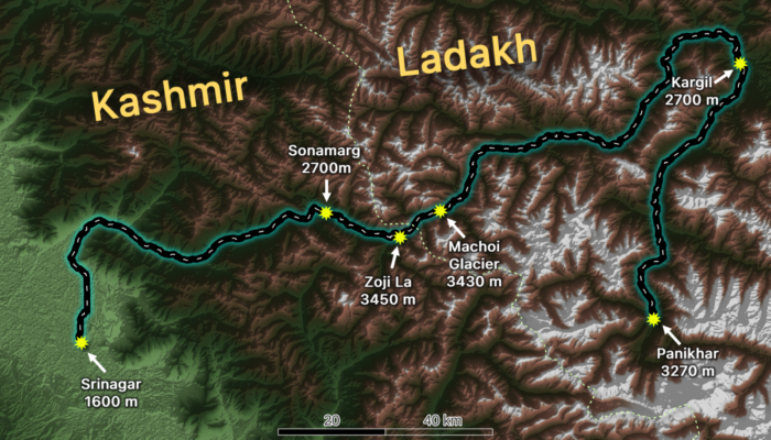 The route of our journey from Srinagar to Panikhar.