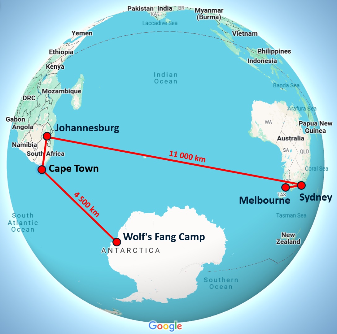 Map of the world showing a red line for the route taken from Australian, to South Africa to Antarctica.
