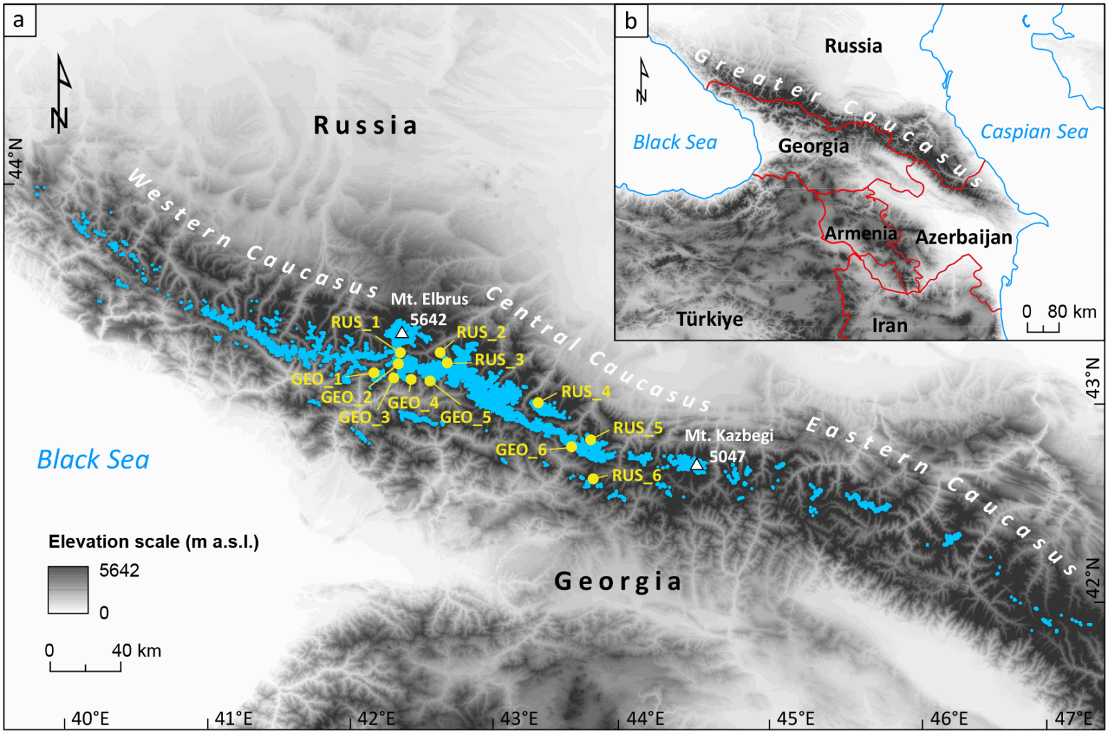 Map of the Greater Caucasus, illustrating regional divisions and the extent of glaciers in 2020