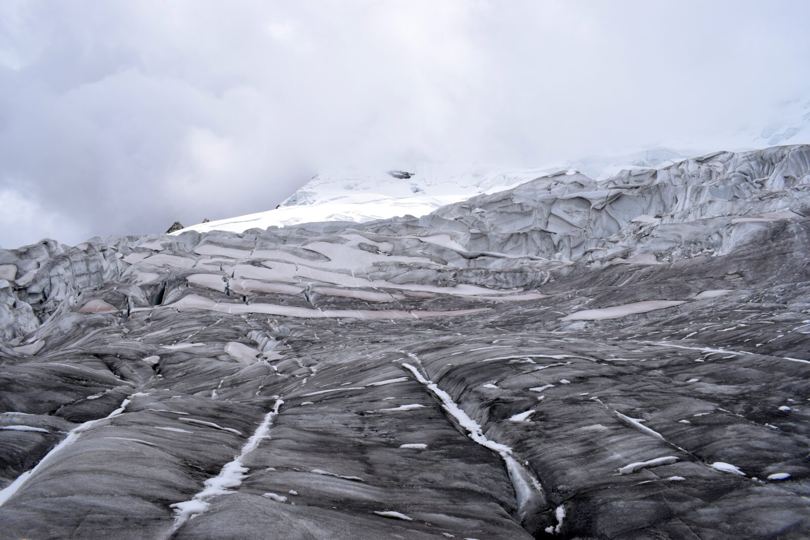 View of the lower part of a glacier in the Cordillera Blanca in Peru with the presence of black carbon at the end of the dry season.
