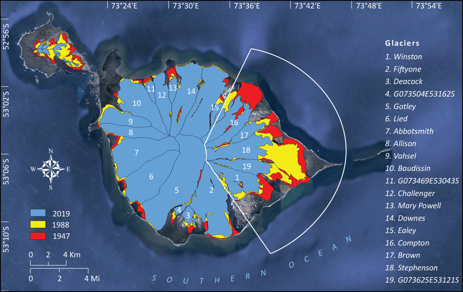 outlines of Heard Island glacier from three different years. Red is 1947 and shows the largest outline, yellow, is 1988 and the middle size, and blue is 2019 and shows the smallest outline.