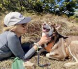 a scientist lays on the grass with a dog in the sun. Its a casual setting with camping equipment scattered around them