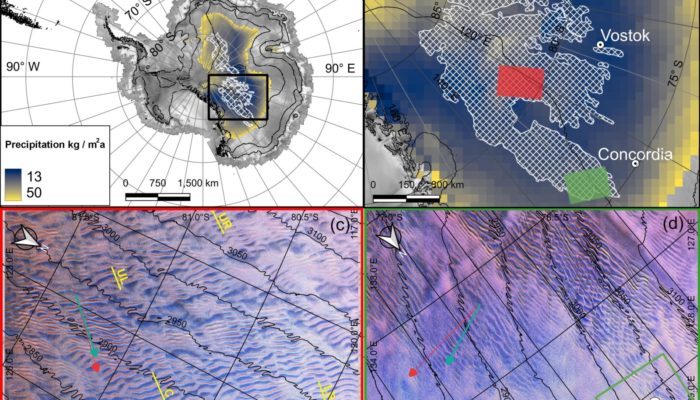 Maps showing areas on East Antarctica that have megadunes made of snow and ice.