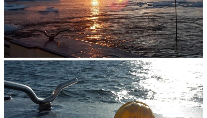 A photo of a sunset over Arctic sea ice and a photo of yellow safety rubber shoes facing that sea.