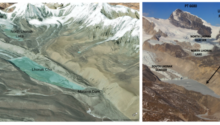 Two photos of a glacial lake, on the left in 2022 and on the right in 2013, visually smaller.