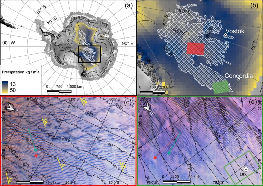 Maps showing areas on East Antarctica that have megadunes made of snow and ice.
