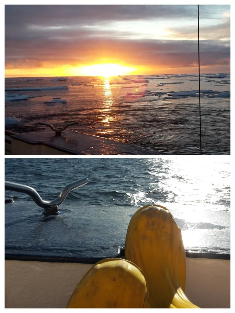 A photo of a sunset over Arctic sea ice and a photo of yellow safety rubber shoes facing that sea.