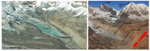 Two photos of a glacial lake, on the left in 2022 and on the right in 2013, visually smaller.