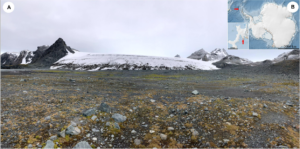 A photo pf a rocky land with an ice mass in the background. The land has brownish plants.