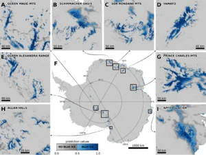 A figure with a map of Antarctica in the middle, and 8 zoomed in sections of it showing blue ice areas.