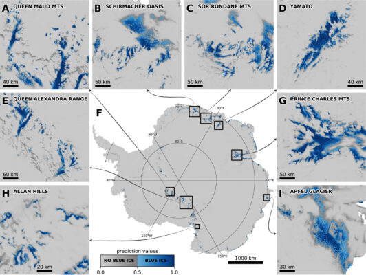 A figure with a map of Antarctica in the middle, and 8 zoomed in sections of it showing blue ice areas.