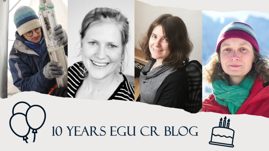 Collage of four people with the heading "10 years EGU CR blog" with balloons and a birthday cake.
