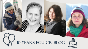 Collage of four people with the heading "10 years EGU CR blog" with balloons and a birthday cake.