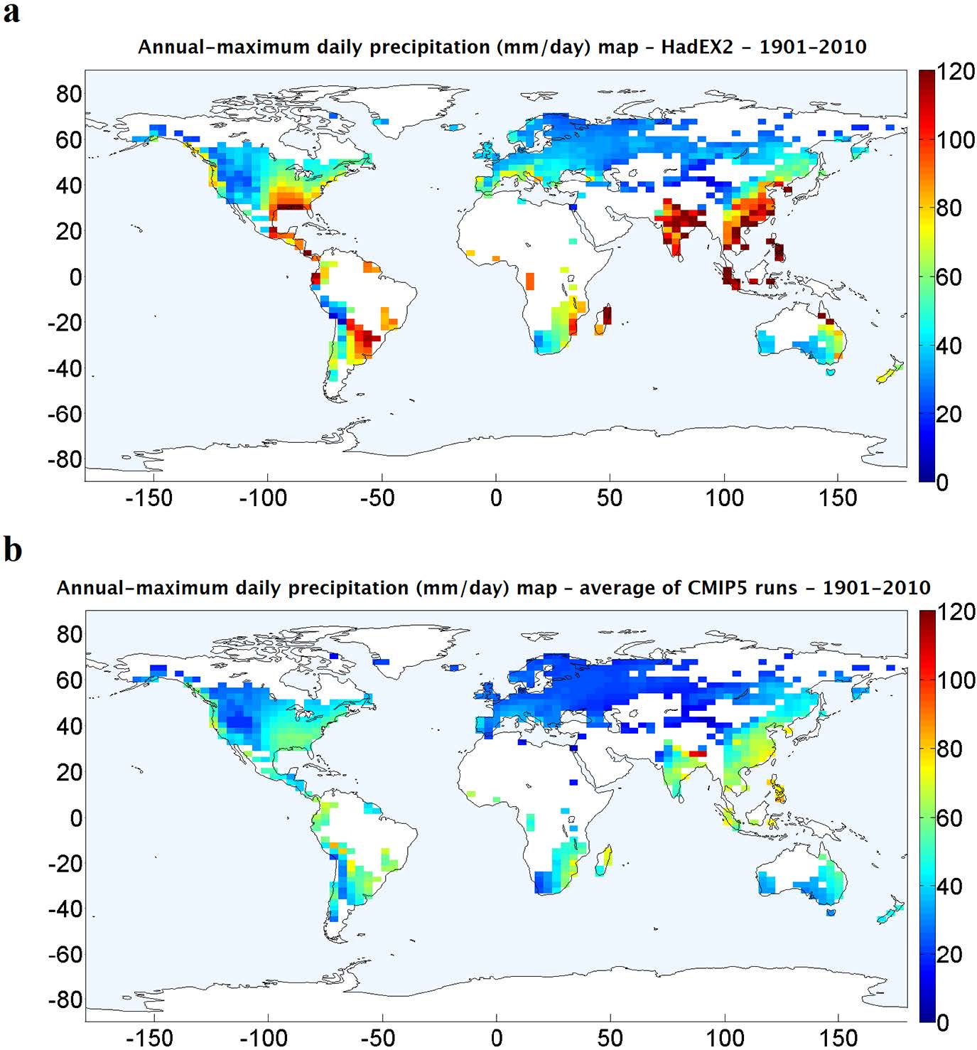 HadEX2 observational data versus CMIP5 averaged results of global extreme precipitation in 1901–2010 – annual-maximum daily precipitation map (mm day-1) for (a) HadEX2 and (b) the average of CMIP5 model runs.
