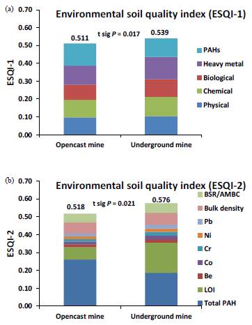 Environmental soil quality index of opencast and underground mine soils by (a) unscreened transformations, and (b) principal component analysis based index