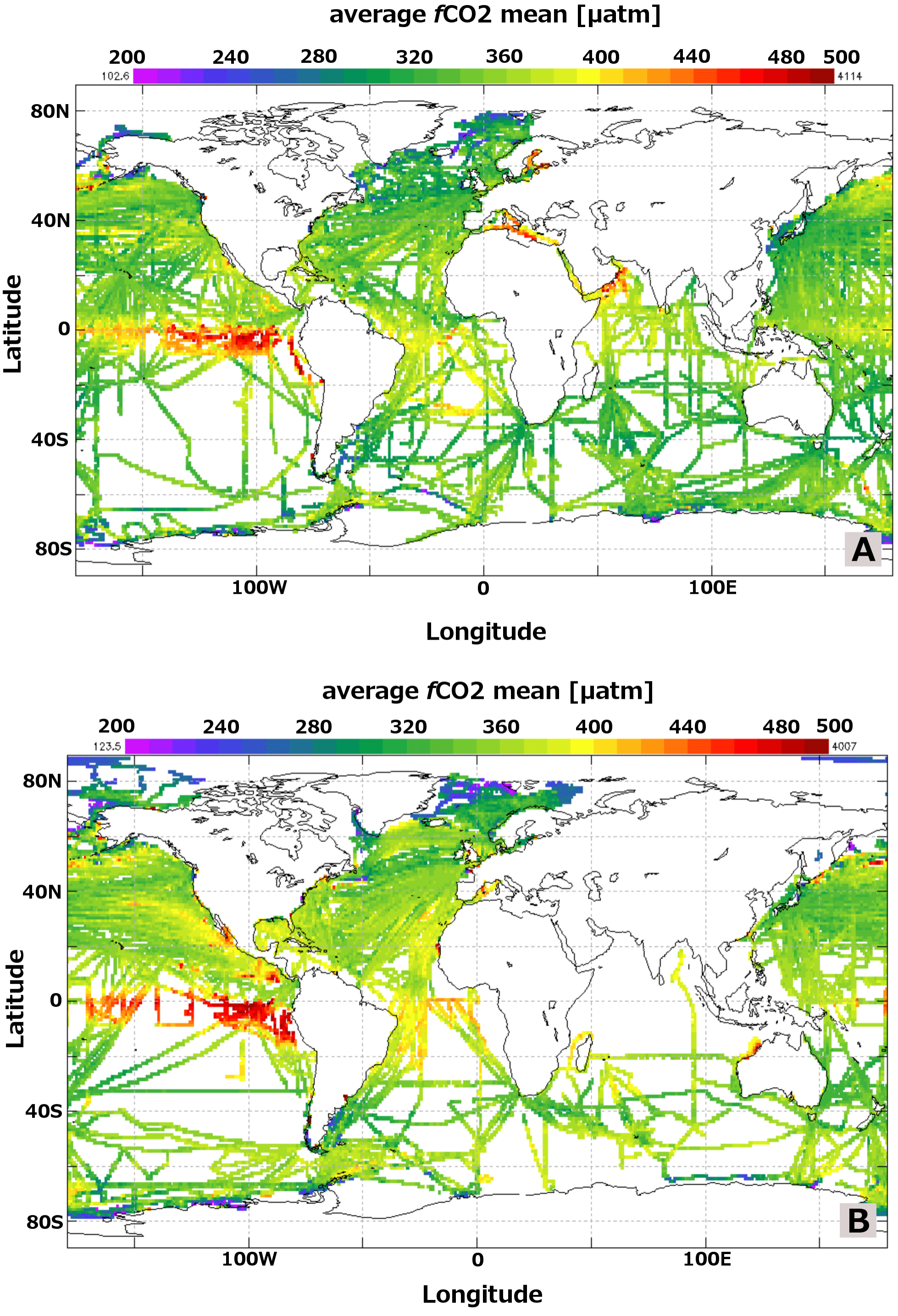 Mean unweighted surface water fCO2 (μatm) for the years 1970–2002 (a) and 2003–2011 (b) using the SOCATv2 monthly 11 degree gridded data set (Bakker et al., 2014). The maps were generated by using the online Live Access Server.